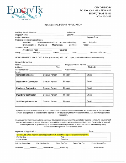 First page of the Residential Permit Application