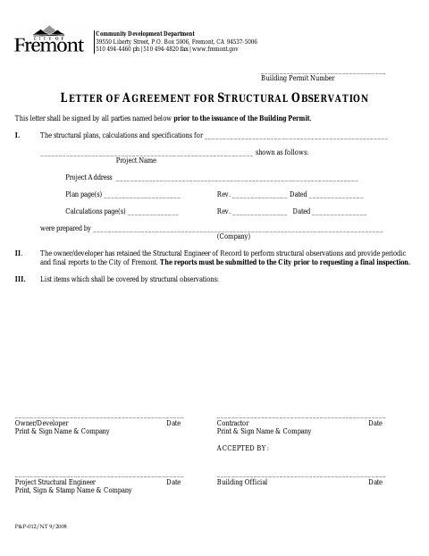 First page of the Letter of Agreement for Structural Observation