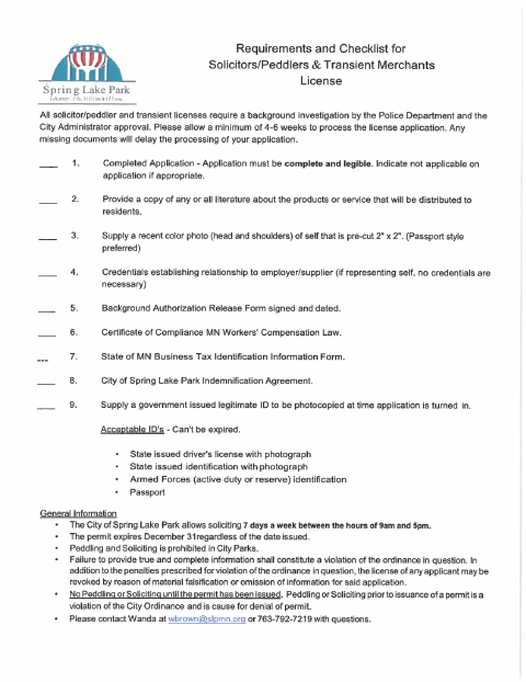 First page of the Solicitor, Peddler, and Transient Merchant License Application