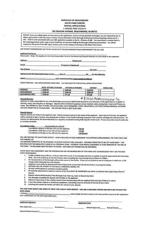 First page of the Mayo Park Rental Application