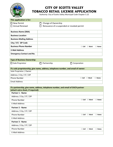 First page of the Tobacco Retail License Application