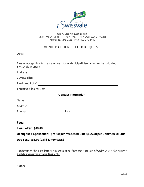 First page of the Municipal Lien Letter Request