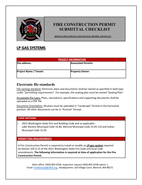 First page of the LP Gas Systems Fire Construction Permit Submittal Checklist