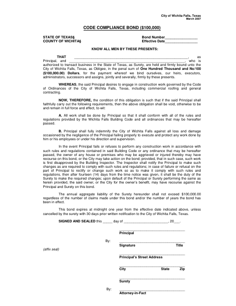 First page of the Code Compliance Bond ($100,000)