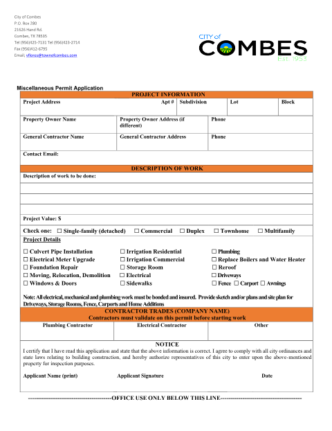 First page of the Miscellaneous Permit Application