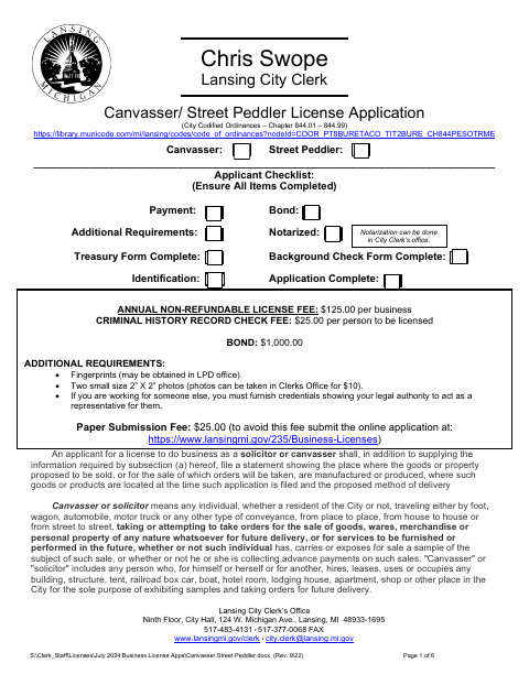 First page of the Canvasser/Street Peddler License Application
