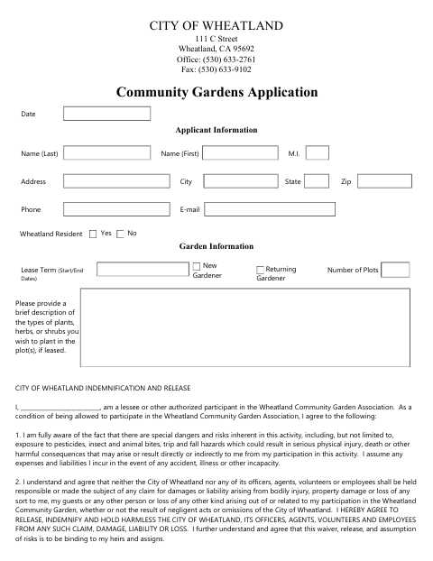 First page of the Community Gardens Application