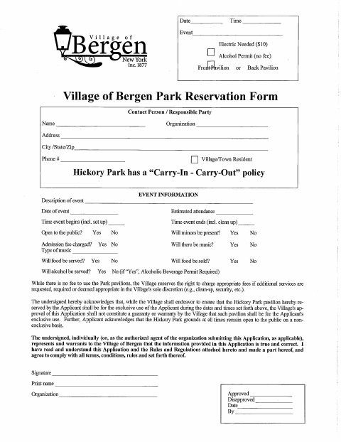 First page of the Hickory Park Reservation Form