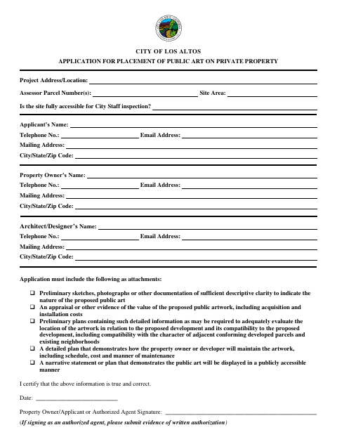 First page of the Application for Placement of Public Art on Private Property