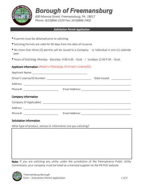 First page of the Solicitation Permit Application