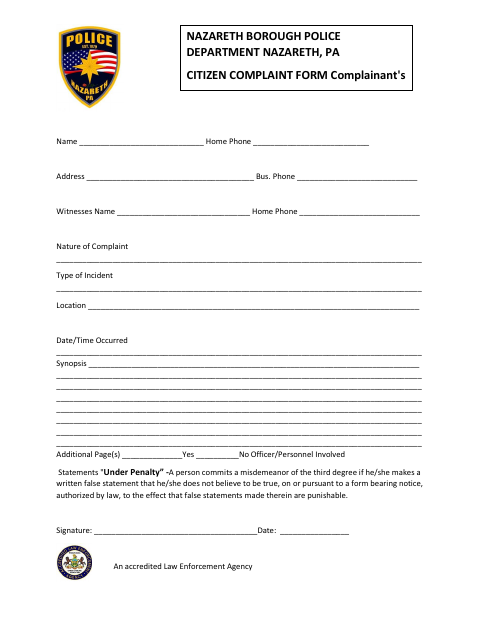 First page of the Citizen Complaint Form