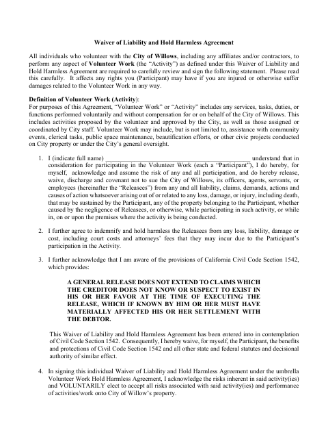 First page of the Waiver of Liability and Hold Harmless Agreement