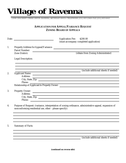 First page of the Application for Appeal or Variance Request