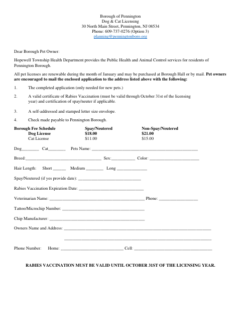 First page of the Dog & Cat License Application