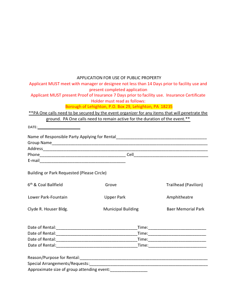 First page of the Application for Use of Public Property