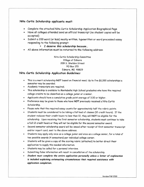 First page of the Nita Curtis Scholarship Application