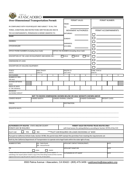 First page of the Over-Dimensional Transportation Permit