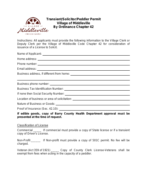 First page of the Transient/Solicitor/Peddler Permit