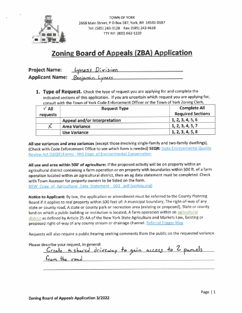 First page of the Zoning Board of Appeals Application