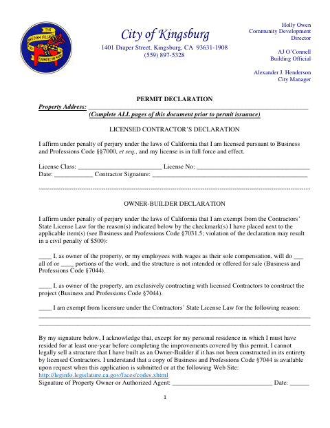 First page of the Permit Declaration