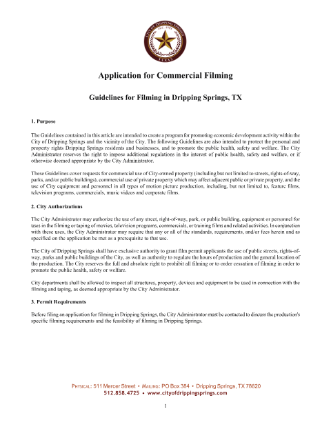 First page of the Commercial Filming Permit Application