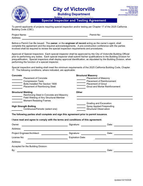 First page of the Special Inspector and Testing Agreement