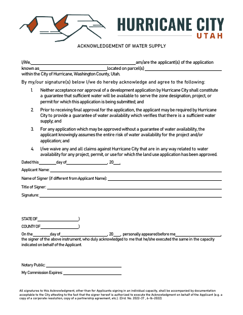 First page of the Acknowledgment of Water Supply