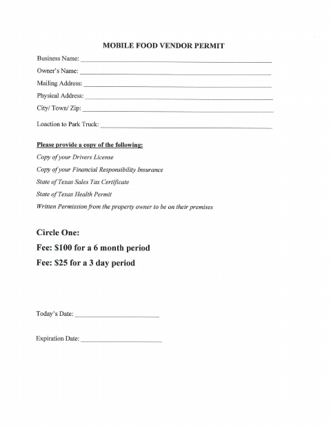 First page of the Food Vendor Permit