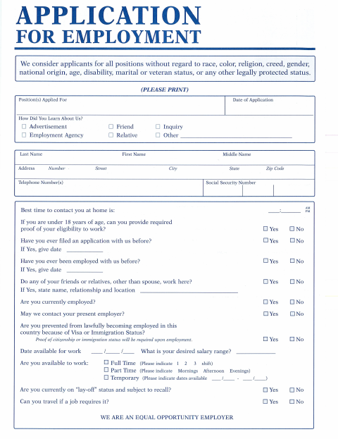 First page of the Application for Employment