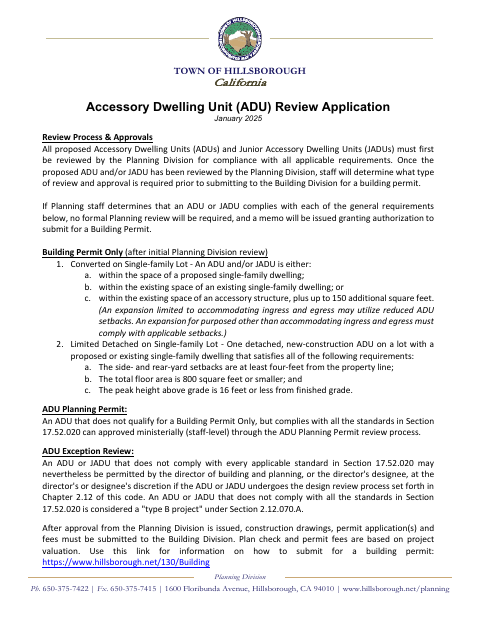 First page of the California Accessory Dwelling Unit (ADU) Review Application