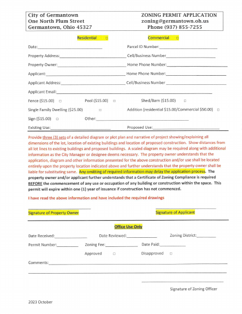 First page of the Zoning Permit Application
