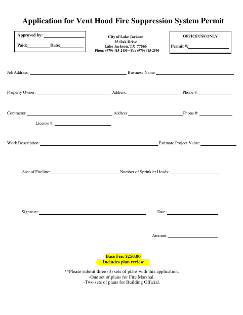 First page of the Application for Vent Hood Fire Suppression System Permit