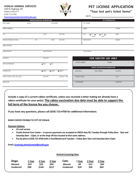 First page of the Pet License Application