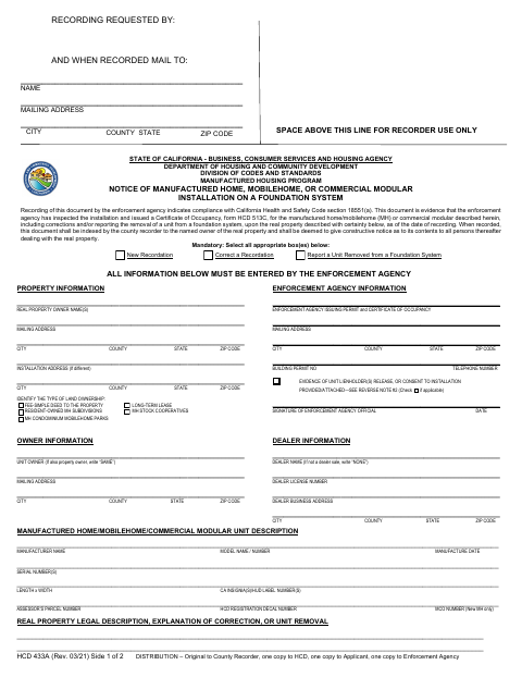 First page of the Notice of Manufactured Home Installation on a Foundation System