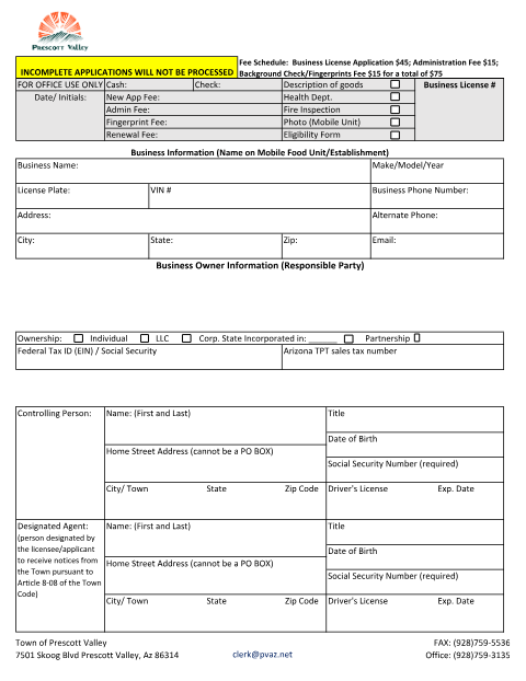 First page of the Mobile Food Vendor Business License Application