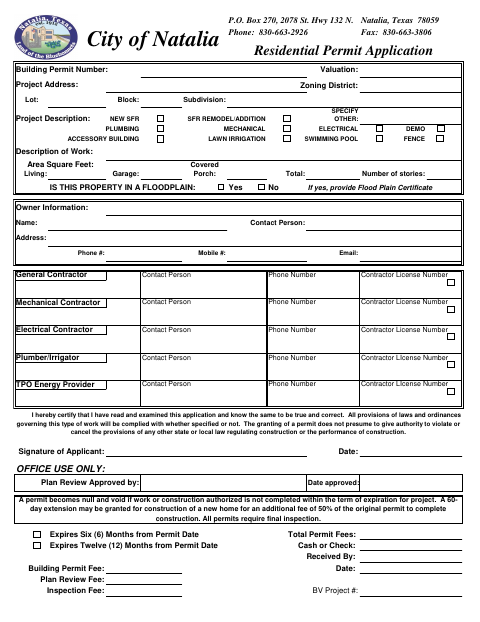 First page of the Residential Permit Application