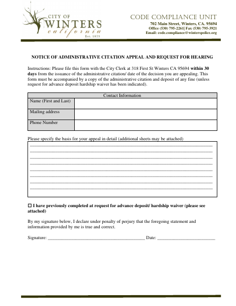 First page of the Notice of Administrative Citation Appeal and Request for Hearing