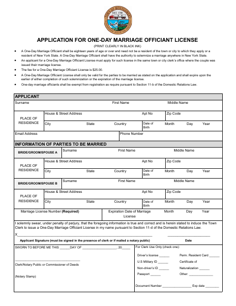 First page of the One-Day Marriage Officiant License Application