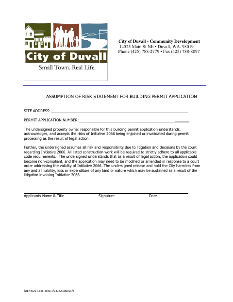First page of the Assumption of Risk Statement for Building Permit Application