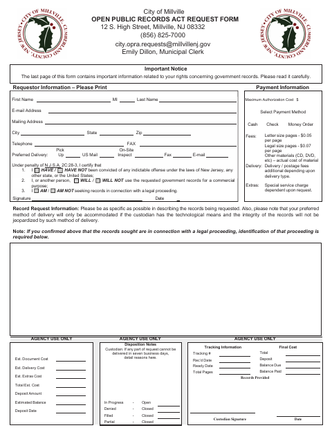 First page of the Open Public Records Act Request Form
