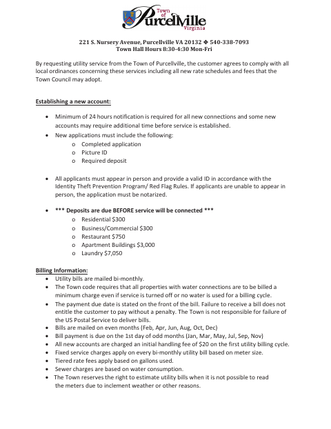 First page of the Utility Service Application