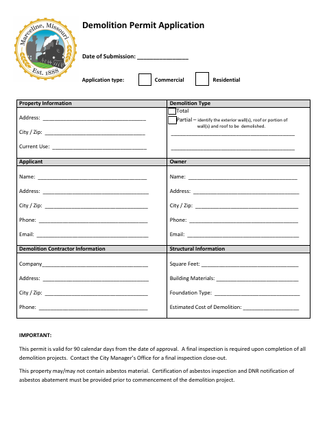 First page of the Demolition Permit Application