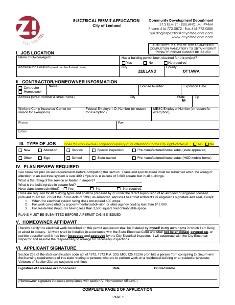 First page of the Electrical Permit Application