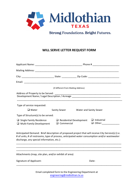 First page of the Will Serve Letter Request Form