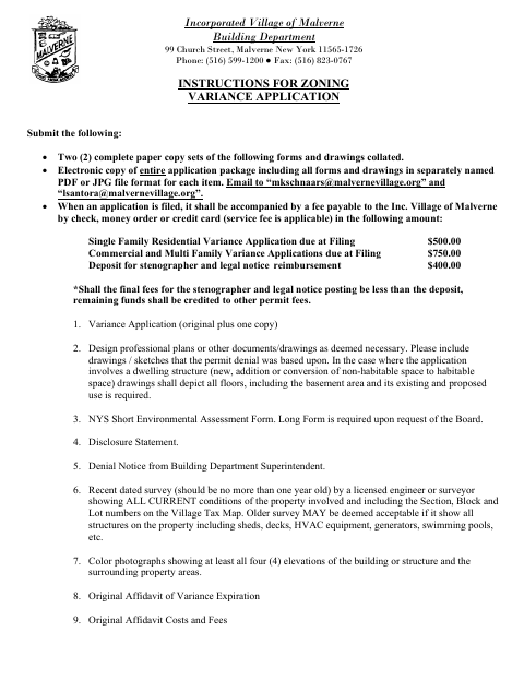 First page of the Board of Zoning Appeals Variance Application