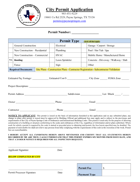 First page of the City Permit Application