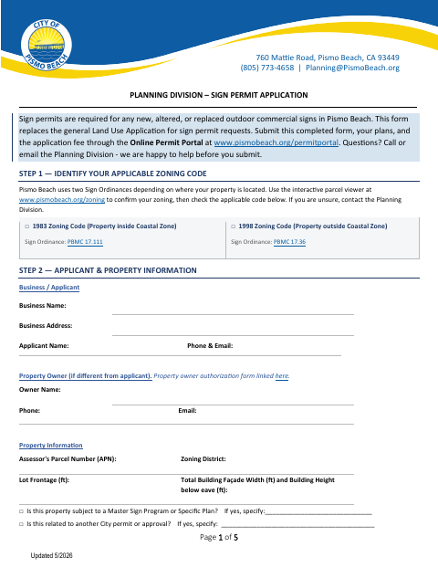 First page of the Sign Permit Application