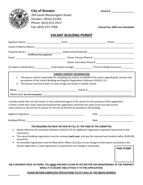 First page of the Vacant Building Permit Application