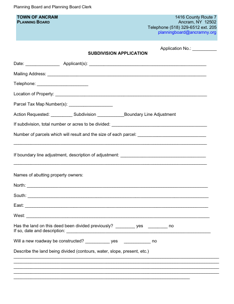 First page of the Subdivision Application