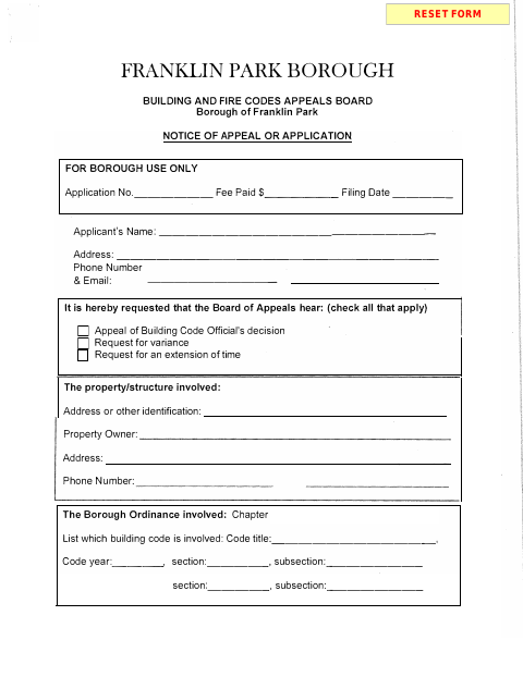 First page of the Building and Fire Codes Appeals Board Application
